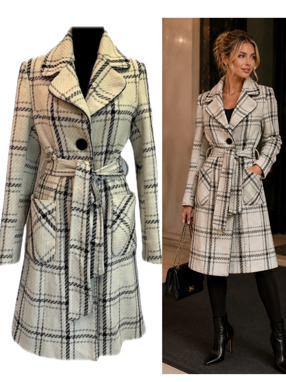 Adolfo Plaid Belted Wool Blend Coat Cream Black Gray Medium Classic Chic M